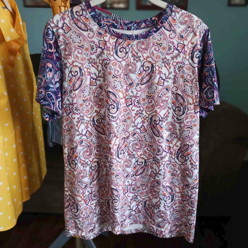 Lands' End Paisley Print Cotton Tee with Contrast Sleeves